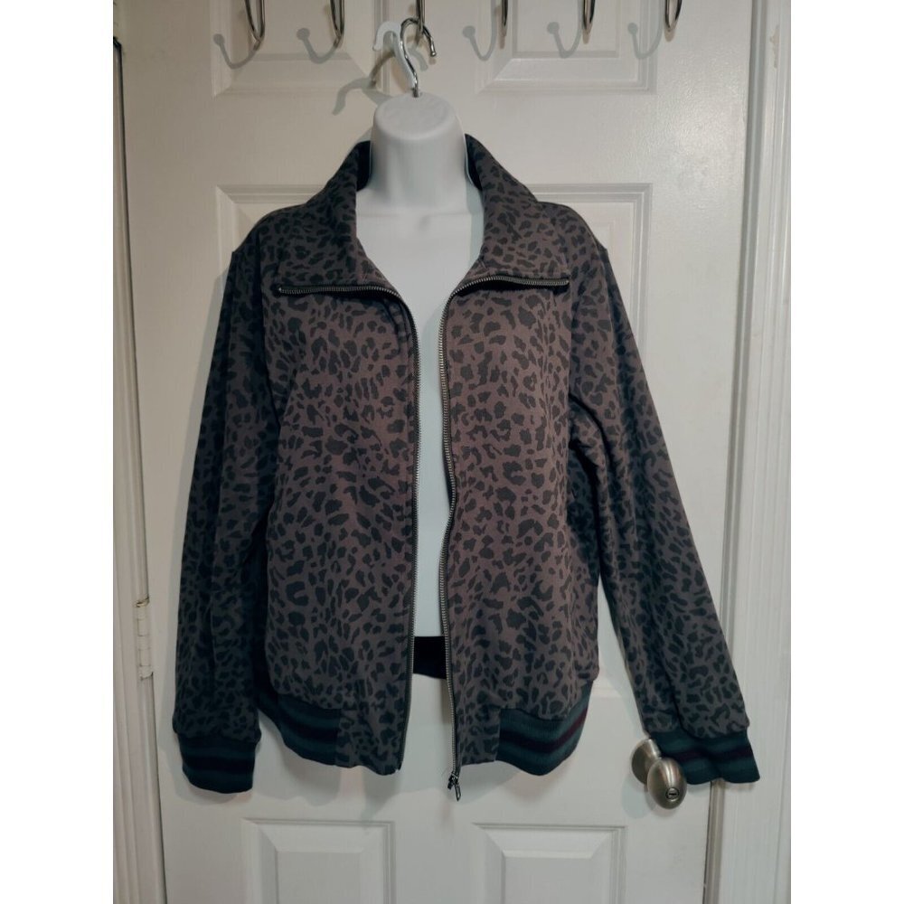Mystree Gray Leopard Print Full-Zip Medium-Wt Sweatshirt W‎ Striped Border L NWT